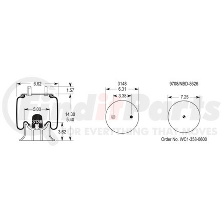 W013585323 by FIRESTONE - Air Spring - 14.30" Extended, 5.40" Compressed, 6.31" Width Top Plate, Reversible Sleeve