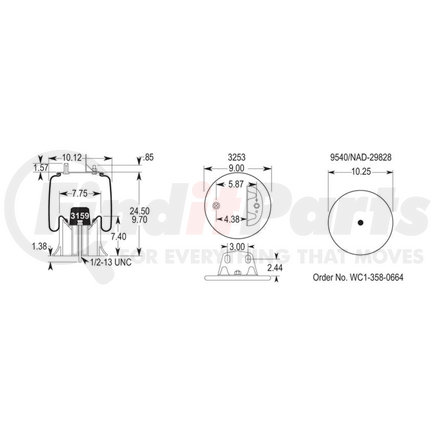 W013589471 by FIRESTONE - Air Spring - 24.50" Extended, 9.70" Compressed, 9.00" Wdith Top Plate, Reversible Sleeve