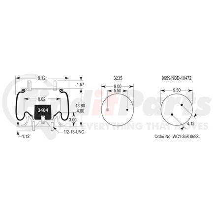 W013589457 by FIRESTONE - Air Spring - 13.80" Extended, 4.80" Compressed, 9.00" Wdith Top Plate, Reversible Sleeve