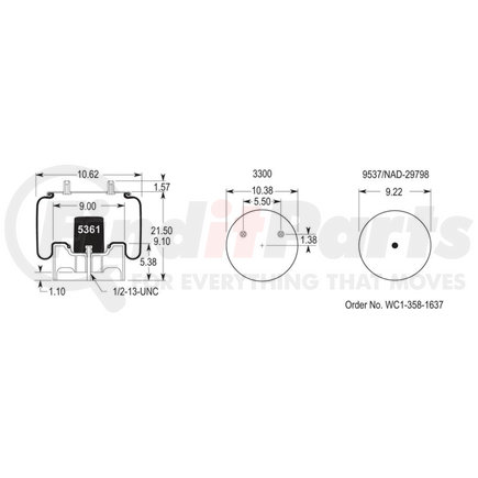 W013588708 by FIRESTONE - Air Spring - 21.50" Extended, 9.10" Compressed, 10.38" Width Top Plate, Reversible Sleeve