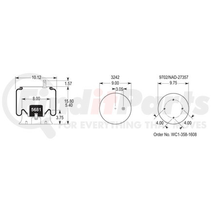 W013589640 by FIRESTONE - Air Spring - 15.80" Extended, 5.40" Compressed, 9.00" Wdith Top Plate, Reversible Sleeve