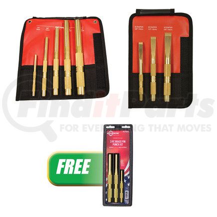 81389 by MAYHEW TOOLS - 5 Pc. Brass Drift Punch Kit & 3 Pc. Brass Scraper Kit w/FREE 3 Pc. Brass Pin Punch Set