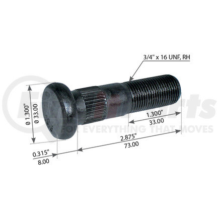 WA07-5101 by WORLD AMERICAN - Wheel Stud - Left Hand, 2 7/8" Length, Headed Disc, Serrated Body, with Raised Shoulder