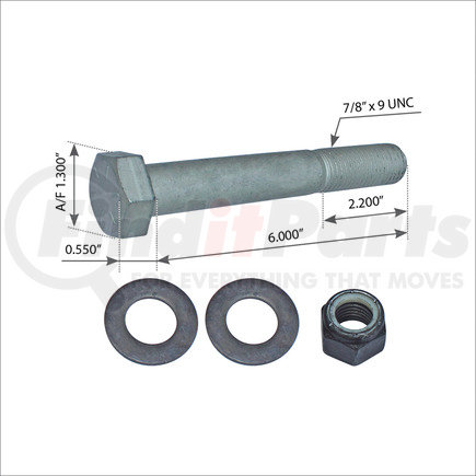 WA07-2304 by WORLD AMERICAN - Leaf Spring Bolt Kit - 0.87"-9 Thread, 6.00" Length Under Head, with Washer and Nut