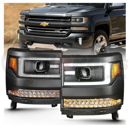 111373 by ANZO - Projector Headlight Set; Clear Lens; Black Housing; Amber Reflector; Pair; w/Plank Style Back;