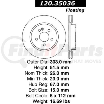 Centric 120.35036 Disc Brake Rotor Premium Brake Rotor