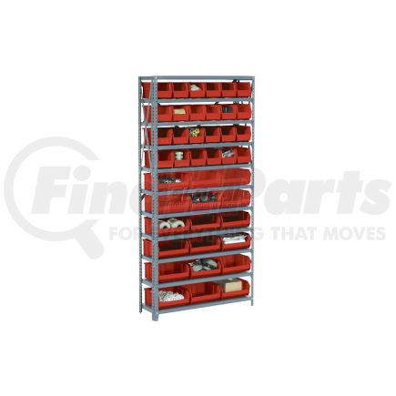 506207RD by GLOBAL INDUSTRIAL - Global Industrial&#153; Steel Open Shelving - 21 Red Plastic Stacking Bins 8 Shelves - 36 x 18 x 73