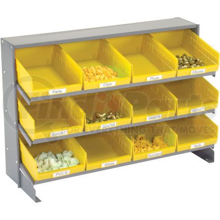 603423YL by GLOBAL INDUSTRIAL - Global Industrial&#153; 3 Shelf Bench Pick Rack - 12 Yellow Plastic Shelf Bins 8 Inch Wide 33x12x21