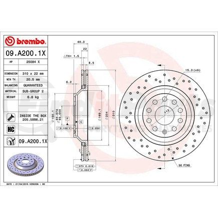 09.A200.1X by BREMBO - Premium UV Coated Rear Xtra Cross Drilled Brake Rotor