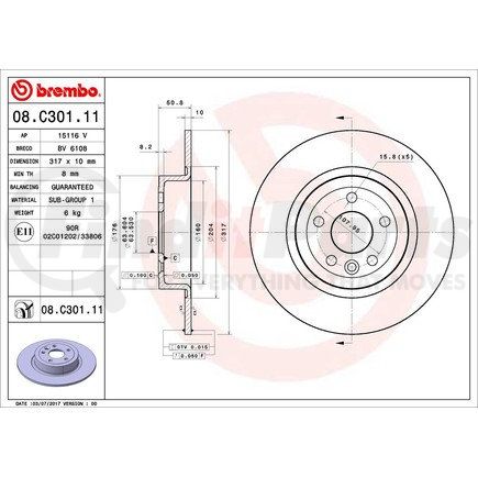 08.C301.11 by BREMBO - Premium UV Coated Rear Brake Rotor