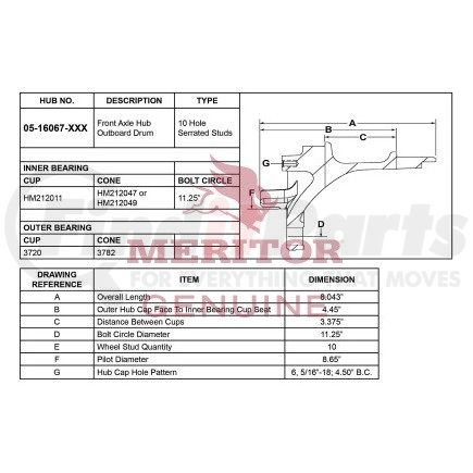 0516067005 by MERITOR - Steer Axle Hub - Quadraulic Disc, 10 Bolt, 13200 lb GAWR, FF/FG Series