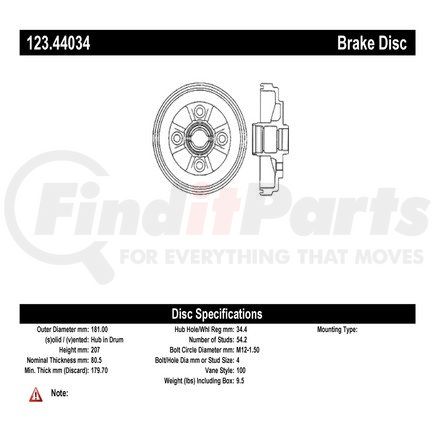 123.44034 by CENTRIC - C-Tek Standard Brake Drum