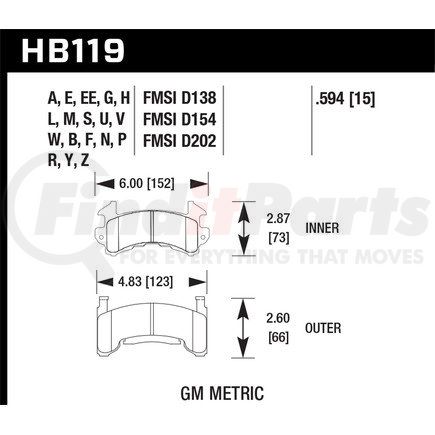 HB119S594 by HAWK FRICTION - PAD15MMHT-10GM METRIC