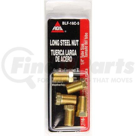 BLF-16C-5 by AGS COMPANY - Steel Tube Nut, Long, 1/4 (7/16-24 Inverted), 5/card