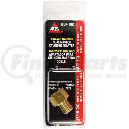 BLF-19C by AGS COMPANY - Brass Adapter, Female(7/16-24 Inverted), Male(1/2-20 Inverted), 1/card
