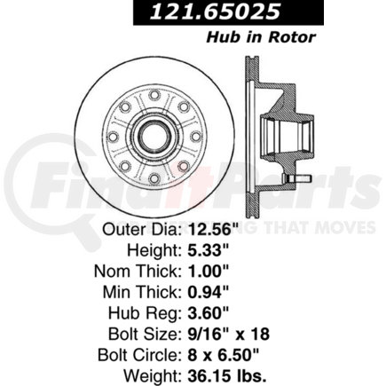 Centric 121.65025 Disc Brake Rotor and Hub Assembly Standard Brake Rotor