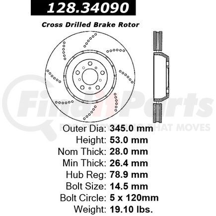 128.34090 by CENTRIC - Centric Premium OE Style Drilled Brake Rotor