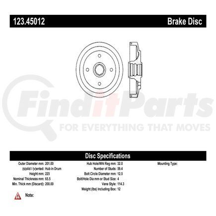 Centric 123.45012 Brake Drum C-Tek Standard Brake Drum
