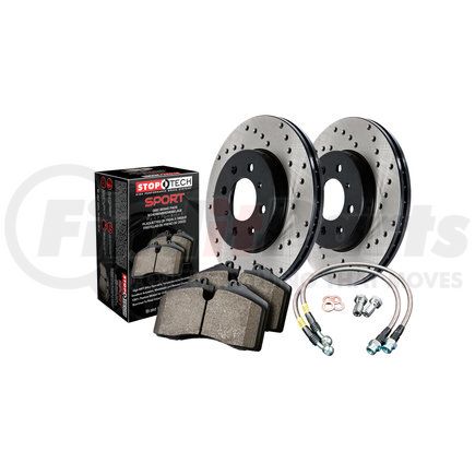 979.33036F by STOPTECH - StopTech Sport Axle Pack; Drilled Rotor; Front Brake Kit with Brake lines