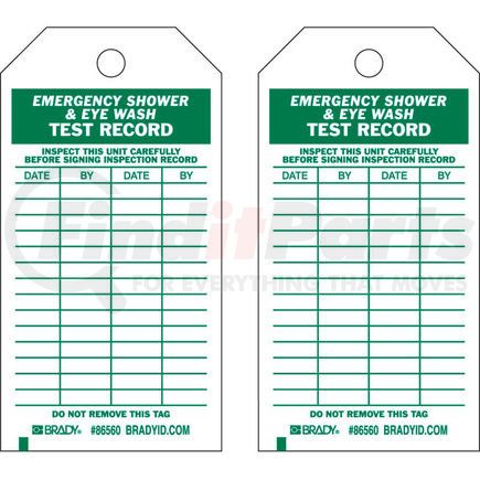 86560 by BRADY - Brady&#174; 86560 Emergency Shower & Eye Wash Test Record Tag, Polyester, 3"W x 5-3-3/4"H, 10/Pkg