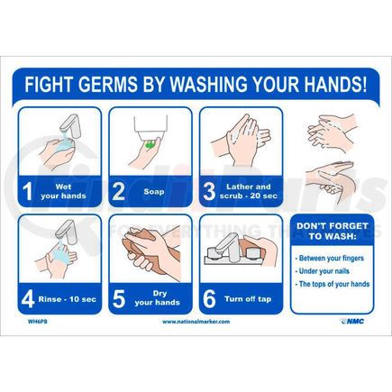 WH6PB by NATIONAL MARKER COMPANY - Fight Germs By Washing Your Hands Sticker, 10" X 14", Vinyl Adhesive