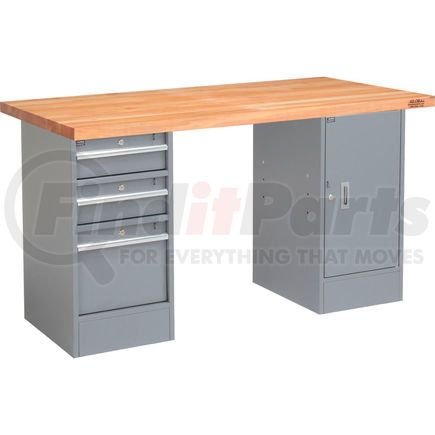 318860 by GLOBAL INDUSTRIAL - Global Industrial&#153; 96 x 30 Pedestal Workbench - 3 Drawers & Cabinet, Maple Square Edge - Gray