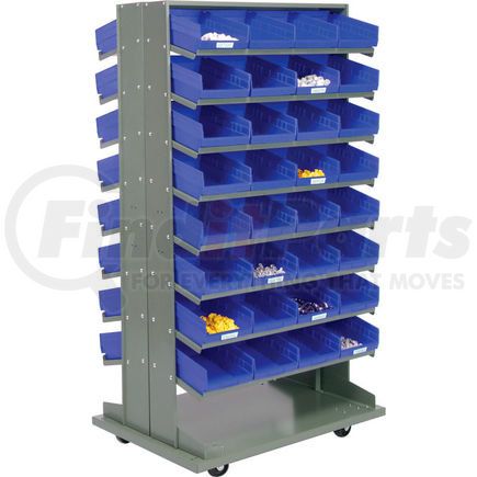 603427BL by GLOBAL INDUSTRIAL - Global Industrial&#153; 16 Shelf Double-Sided Mobile Pick Rack - 64 Blue Plastic Shelf Bins 8" Wide