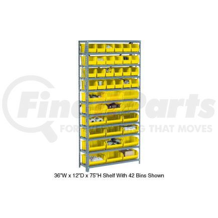 603250YL by GLOBAL INDUSTRIAL - Global Industrial&#153; Steel Open Shelving - 30 Yellow Plastic Stacking Bins 11 Shelves - 36x12x73