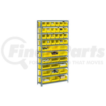 603253YL by GLOBAL INDUSTRIAL - Global Industrial&#153; Steel Open Shelving - 36 Yellow Plastic Stacking Bins 10 Shelves - 36x12x73