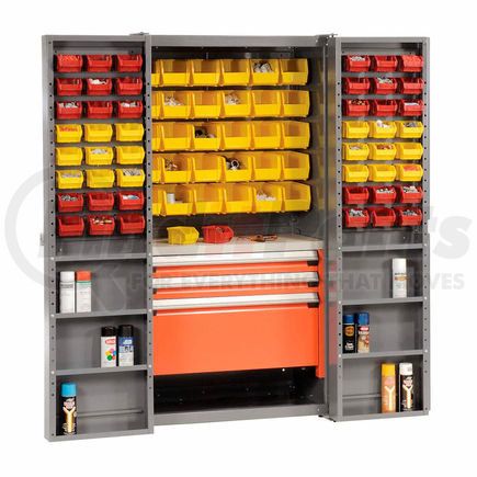 159010 by GLOBAL INDUSTRIAL - Global Industrial&#153; Security Work Center & Storage Cabinet - Shelves, 3 Drawers, Yellow/Red Bins