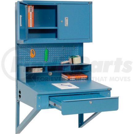 249691 by GLOBAL INDUSTRIAL - Global Industrial&#153; Wall Mount Shop Desk, Pigeonhole Riser, Pegboard & Cabinet 34-1/2x30x61 Blue