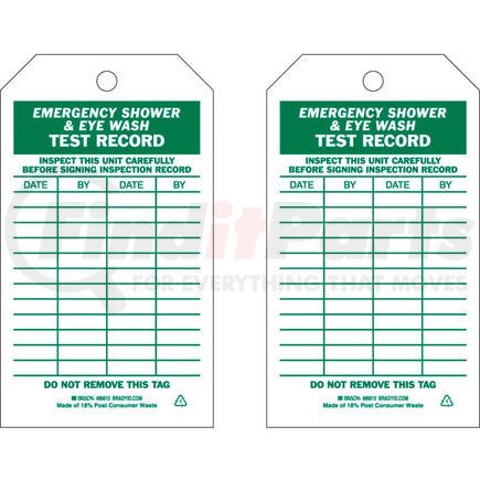 86615 by BRADY - Brady&#174; 86615 Emergency Shower & Eye Wash Test Record Tag, 2 Sided, 10/Pkg, Polyester, 4"W x 7"H