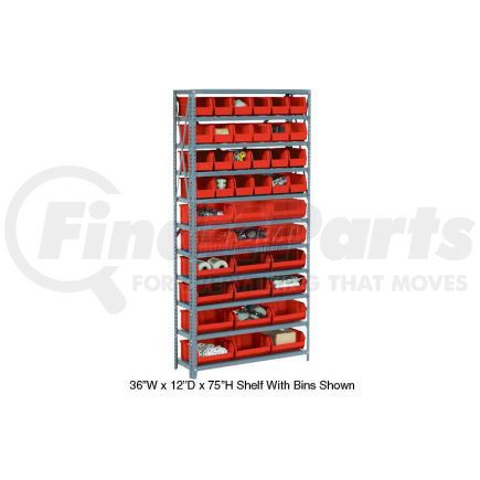 603249RD by GLOBAL INDUSTRIAL - Global Industrial&#153; Steel Open Shelving with 12 Red Plastic Stacking Bins 5 Shelves - 36x18x39