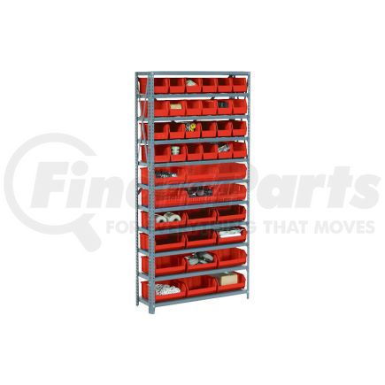 603246RD by GLOBAL INDUSTRIAL - Global Industrial&#153; Steel Open Shelving with 16 Red Plastic Stacking Bins 5 Shelves - 36x12x39