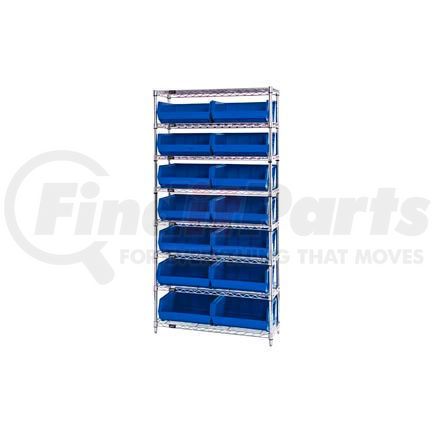 268929BL by GLOBAL INDUSTRIAL - Chrome Wire Shelving With 14 Giant Plastic Stacking Bins Blue, 36x14x74