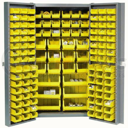 662147YL by GLOBAL INDUSTRIAL - Global Industrial&#153, 16-Gauge Deep Door Bin Cabinet, 132 Yellow Bins, 38" x 24" x 72", Assembled
