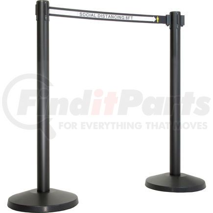 QM550B-SD130 by QUEUE SOLUTIONS - Retractable Belt Barrier, 40" Black Post, 13' Black "Social Distancing 6 Ft" Belt