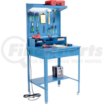 319416BL by GLOBAL INDUSTRIAL - Global Industrial&#153; Shop Desk - Riser, Pegboard & Top Shelf 34-1/2 x 30 x 38 Flat Surface - Blue