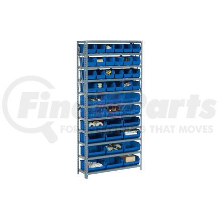 506205BL by GLOBAL INDUSTRIAL - Global Industrial&#153; Steel Open Shelving - 28 Blue 8-1/4x14-3/4x7 Stacking Bins 8 Shelf 36x12x73