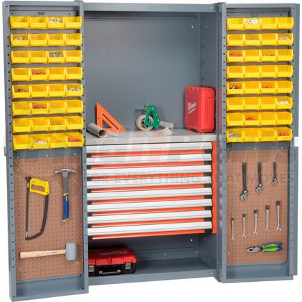 500342 by GLOBAL INDUSTRIAL - Security Work Center & Storage Cabinet With Peboards, 8 Drawers & 64 Yellow Bins