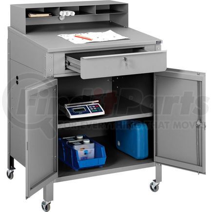 300912CGY by GLOBAL INDUSTRIAL - Mobile Cabinet Shop Desk with Pigeonhole Compartment Riser 34-1/2"W x 30"D x 51-1/2"H - Gray