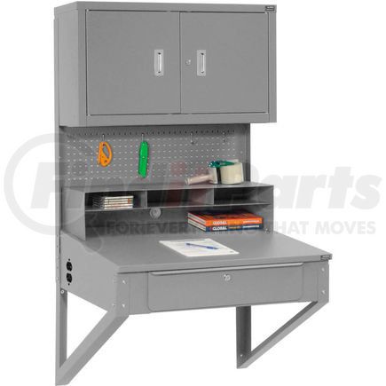 249691GY by GLOBAL INDUSTRIAL - Global Industrial&#153; Wall Mount Shop Desk, Pigeonhole Riser, Pegboard & Cabinet 34-1/2x30x61 Gray