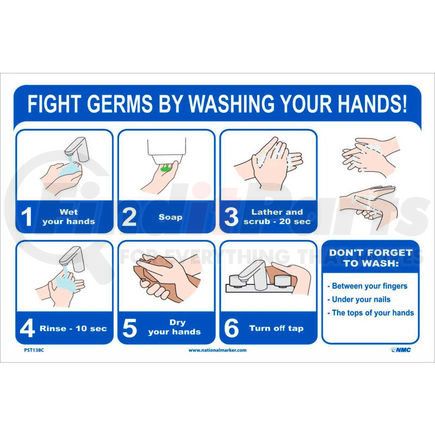 PST138C by NATIONAL MARKER COMPANY - Fight Germs By Washing Your Hands Poster, 12" X 18", Vinyl