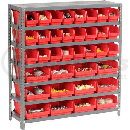 603436RD by GLOBAL INDUSTRIAL - Global Industrial&#153; Steel Shelving with Total 36 4"H Plastic Shelf Bins Red, 36x18x39-7 Shelves