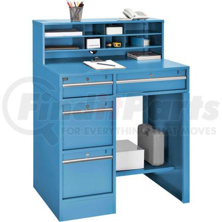 319063BL by GLOBAL INDUSTRIAL - Global Industrial&#153; Premium Pedestal Shop Desk with 4 Drawers & Shelf 38"W x 29"D x 51"H - Blue