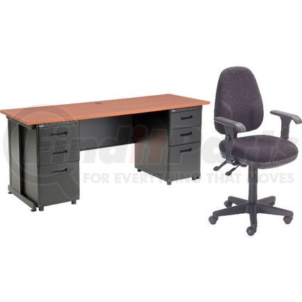 670076CH-B1 by GLOBAL INDUSTRIAL - Interion&#174; Office Desk and Fabric Chair Bundle with 3 Drawer Pedestals - 72" x 24" - Cherry