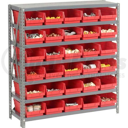 603429RD by GLOBAL INDUSTRIAL - Global Industrial&#153; Steel Shelving with 30 4"H Plastic Shelf Bins Red, 36x12x39-7 Shelves