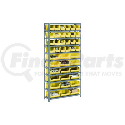 506208YL by GLOBAL INDUSTRIAL - Global Industrial&#153; Steel Open Shelving - 15 Yellow Plastic Stacking Bins 8 Shelves 36 x 18 x 73