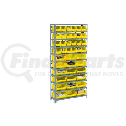 506207YL by GLOBAL INDUSTRIAL - Global Industrial&#153; Steel Open Shelving - 21 Yellow Plastic Stacking Bins 8 Shelves 36 x 18 x 73