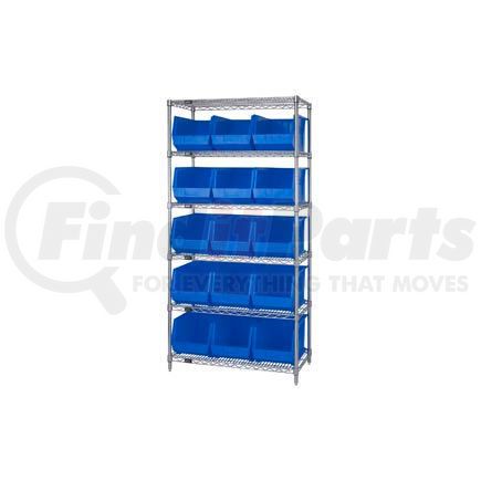 268931BL by GLOBAL INDUSTRIAL - Chrome Wire Shelving With 15 Giant Plastic Stacking Bins Blue, 36x18x74